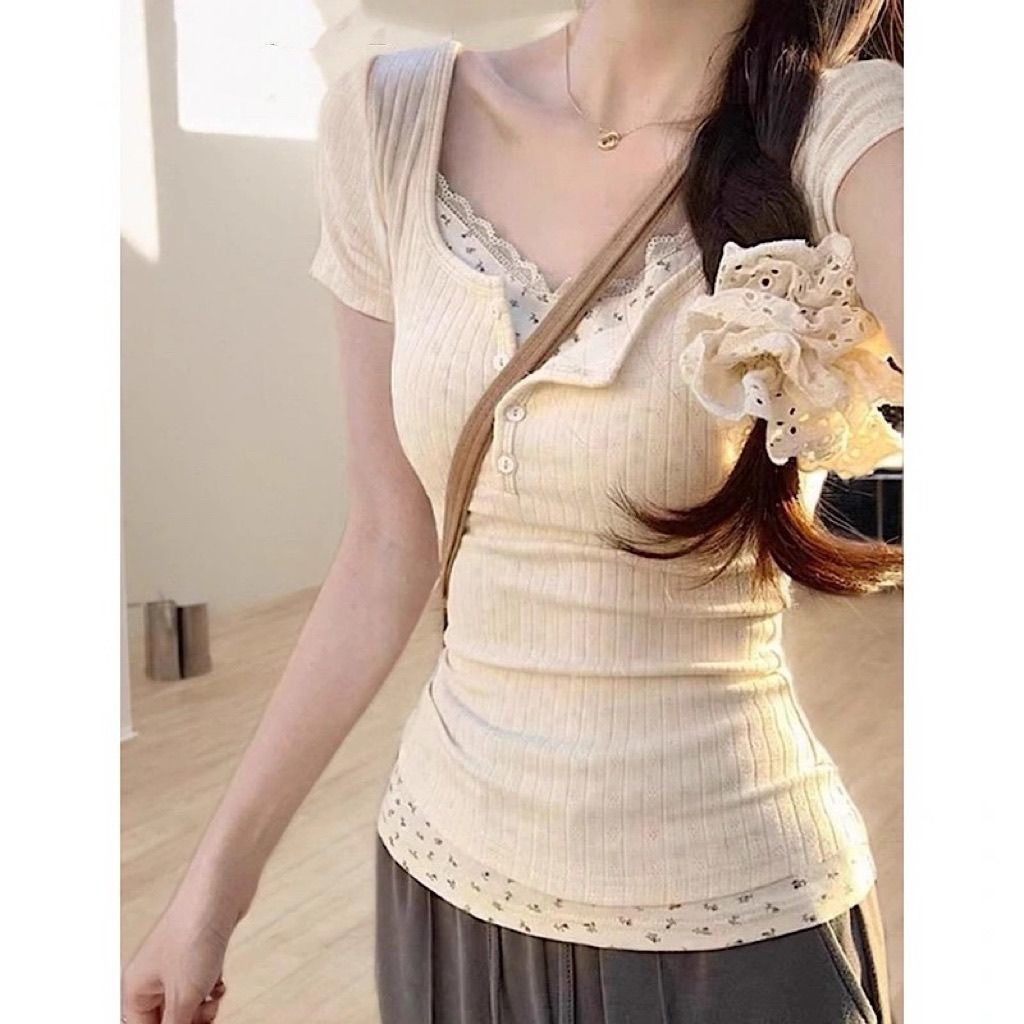 RICH-THEY Áo Thun Tay Ngắn Thêu Ren Hoa Thời Trang Mới Mùa Hè Hè-V379 | BigBuy360 - bigbuy360.vn