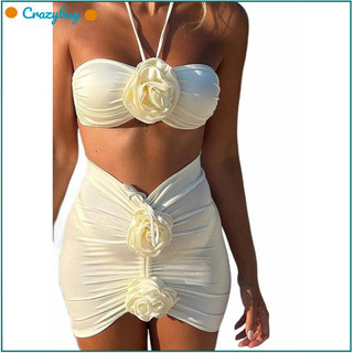 Cr Nữ 3 Mảnh Bikini Bộ Cao Cấp Tắm Dây Cổ 3D Hoa Hồng Cao Cấp Bikini Đồ Bơi Đi Biển