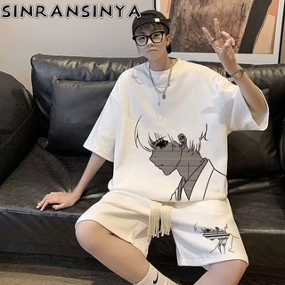 Sinransinya Bộ nam mới, bánh quế couture đường phố cổ điển kiểu Mỹ, thiết kế in hình nhân vật đẹp trai, áo thun dáng rộng thể thao, quần short ống thẳng thời trang dành cho cặp đôi