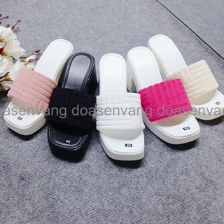 Dép nữ cao gót vuông 8cm bản quai ngang quai nhung êm đế nhẹ thời trang