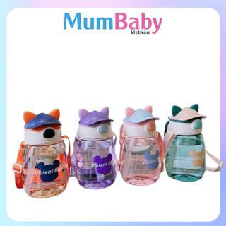 Bình Nước Gấu Đội Mũ Dung Tích 550ml Chất Liệu Nhựa PP Có Vòi Chống Sặc Và Dây Đeo Cho Trẻ Bình Uống Nước Cho Bé MumBaby