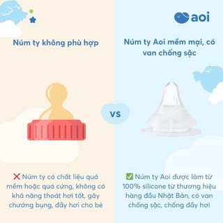 Núm ty Aoi (vỉ đơn-vỉ đôi) có van chống đầy hơi, phù hợp với lượng sữa bé tiêu thụ ở từng tháng tuổi