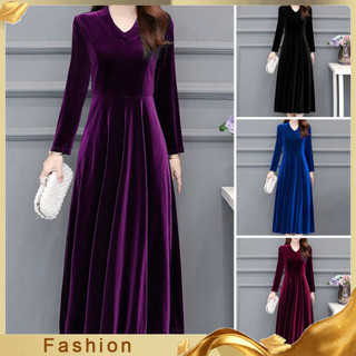 Mgs _ Đầm Nữ Màu Trơn Mềm Tay Dài Cổ Tròn Viền Lớn Ấm Áp Giữa Bắp Chiều Dài Plus SIze Lady Prom Dress Quần Áo Nữ