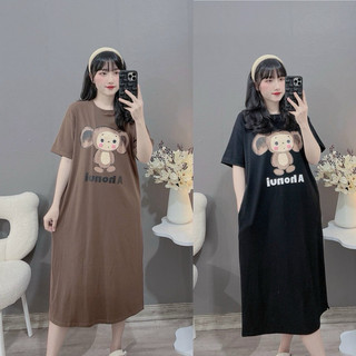 Váy phông suông, đầm suông from rộng in hình khỉ cute chất cotton dáng dài ttdsa0026