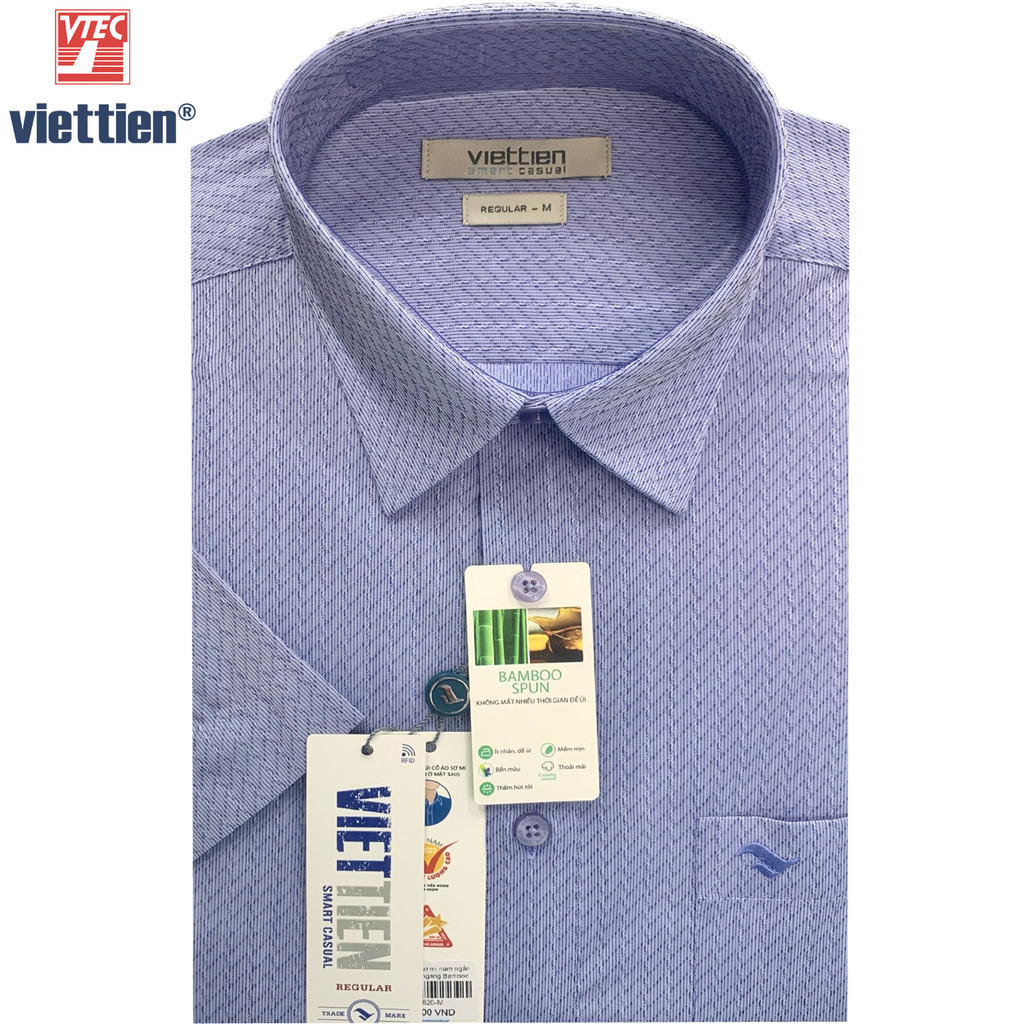 Viettien - Áo sơ mi nam ngắn tay xẻ tà vạt ngang Bamboo spun regular hoạ tiết - 6S0826
