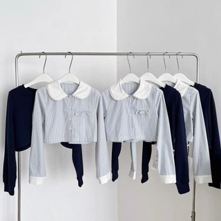 Mùa Xuân Thu Phong Cách Preppy Ren Búp Bê Cổ Áo Sơ Mi Sọc Tay Ngắn Áo Nữ Rời Ôm Hơn Nhìn Ngọt Ngào Nhỏ