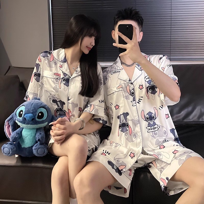 Stitch Bộ Đồ Ngủ Cặp Đôi M-3XL Lụa Đồ Ngủ Cho Người Yêu Bộ Người Phụ Nữ Và Nam Hoạt Hình Bộ Đồ Ngủ T