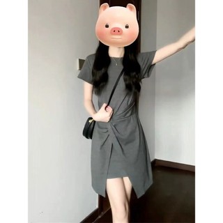 Tea Break Phong Cách Pháp Tính Khí Màu Xám Corset Đầm Nữ Mùa Hè Tay Ngắn Cổ Tròn Thiết Kế Đặc Biệt Thiết Kế Váy