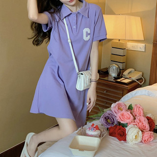 Váy ngắn tay cổ polo dành cho nữ Váy chữ A thiết kế mỏng màu tím theo phong cách đại học