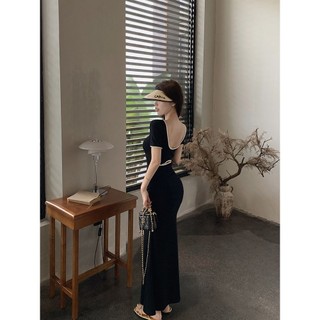 Yuewen Dây Lưng Rỗng Màu Sắc Tương Phản Ôm Tay Ngắn Gợi Cảm Sang Trọng Váy Đuôi Cá