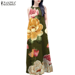 Zanzea Đầm không tay cổ tròn in hoa thường ngày Hàn Quốc dành cho nữ