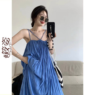 Yuewen Xếp Ly Đi Biển Kỳ Nghỉ Sling Đầm Nữ Xia Sanya Du Lịch Ảnh Đi Biển Váy Dài