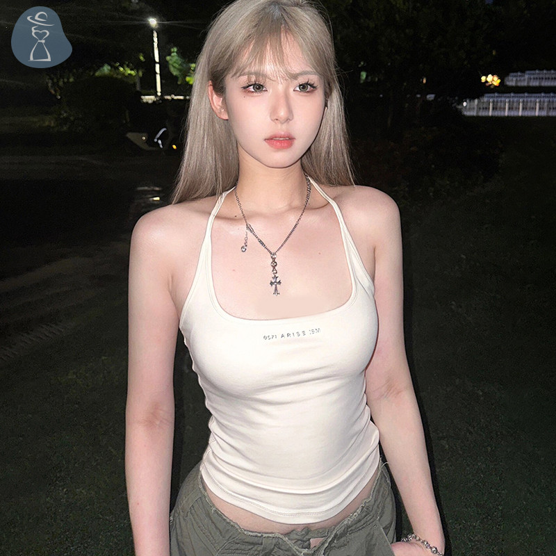 Áo hai dây in chữ cổ điển Mỹ thời trang nữ không tay gợi cảm Áo Crop Top JOO