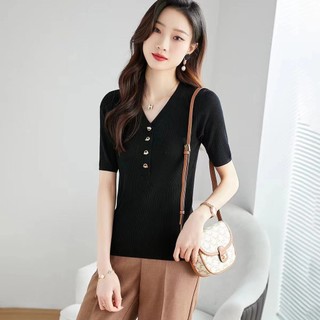 Mùa Hè Phong Cách Mới Cổ Chữ v Áo Thun Ngắn Tay Nữ Băng Lụa Mỏng Phong Cách Ôm Phong Cách Ngắn Màu Trơn Áo Chui Đầu Áo Len Quần Áo Nữ Dệt Kim