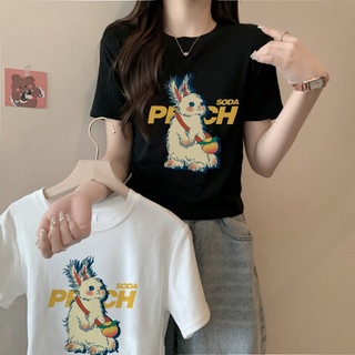 Áo baby tee Áo Thun ôm body Áo y2k Áo thun ngắn tay in hình thỏ đen dành cho nữ