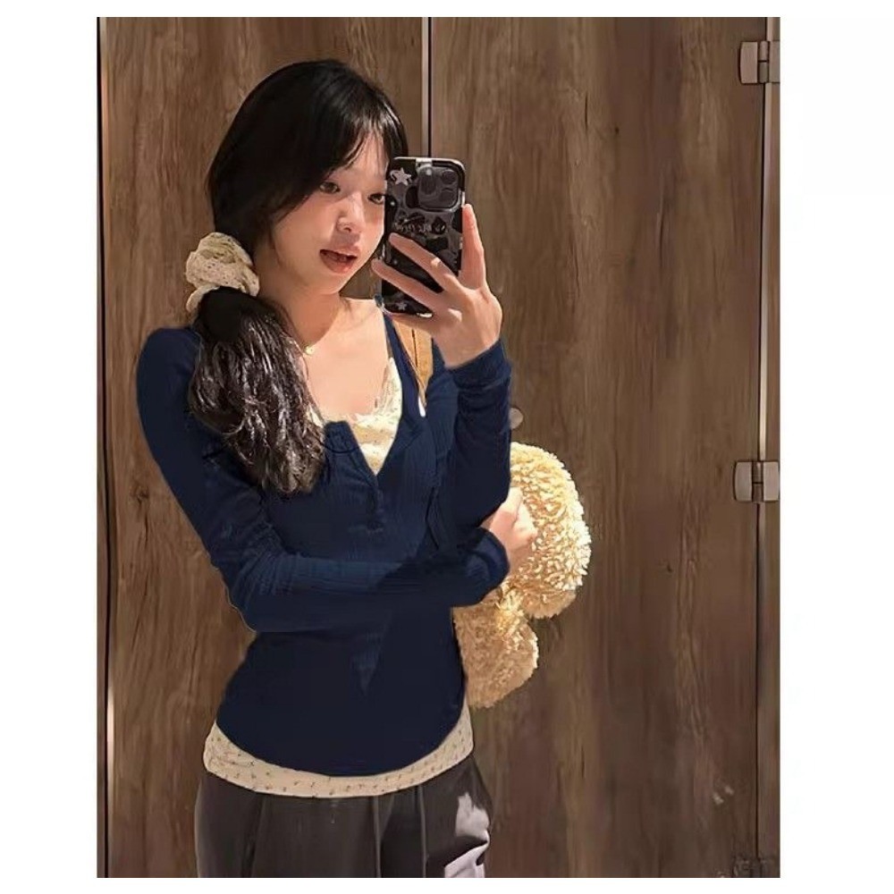 RICH-THEY Áo Thun Dài Tay Nữ Áo Bó Hoa Cổ Tròn Thời Trang Hai Mảnh Giả Phong Cách Hàn Quốc Mới | BigBuy360 - bigbuy360.vn