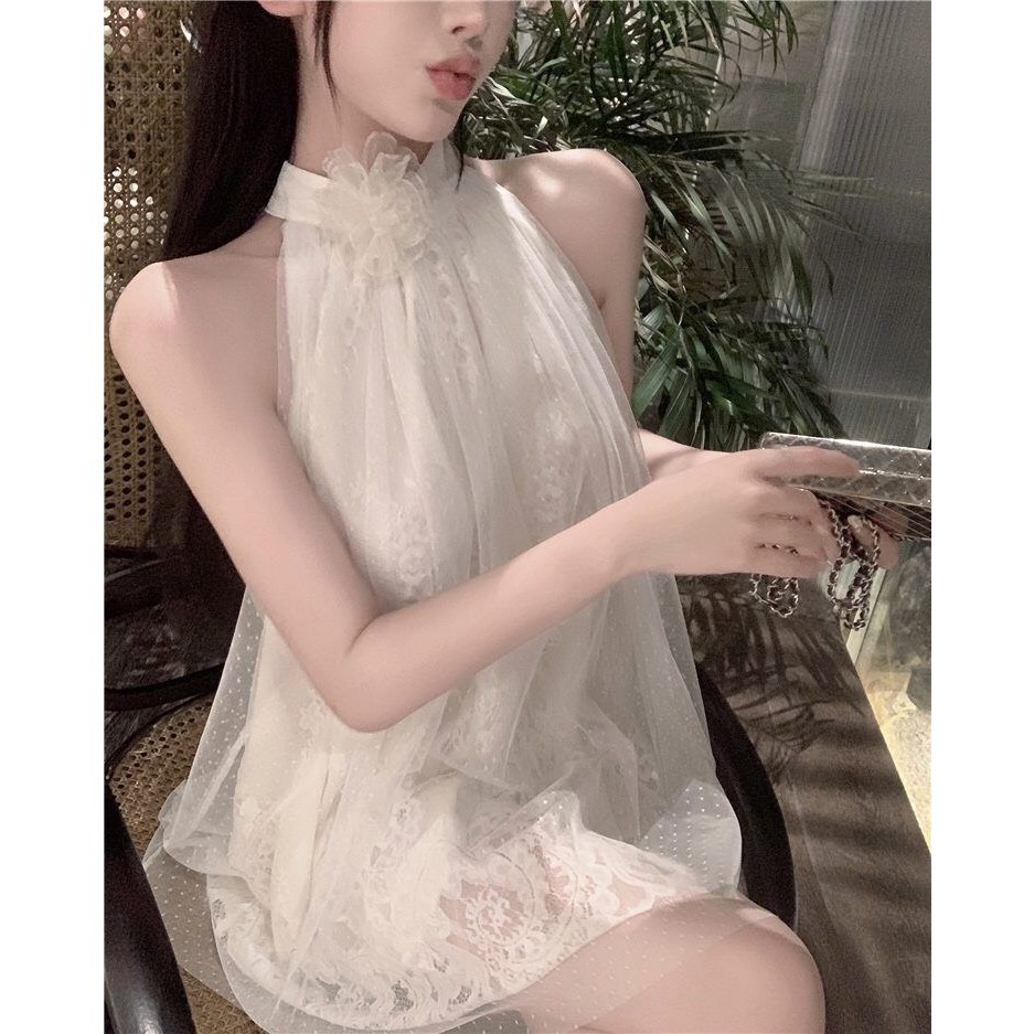 Đầm váy cổ yếm phối ren hoa dáng ngắn baby doll, đầm nữ đi tiệc thời trang mùa hè SAMIMI SP138 | BigBuy360 - bigbuy360.vn