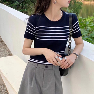 Liên kết ♥ Áo thun dệt kim mỏng cổ tròn tay ngắn cổ tròn sọc ngắn nữ