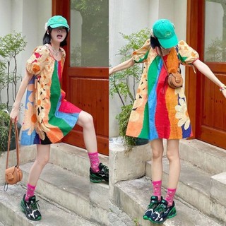 Đầm Nữ Thiết Kế Đẹp Tính Khí Bong Bóng Tay In Cầu Vồng Phong Cách Mới