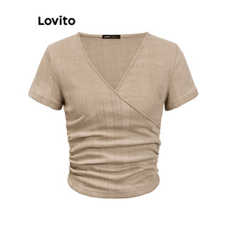 Áo thun Lovito vải jacquard màu trơn diềm xếp nếp phong cách Boho cho nữ L83ED256