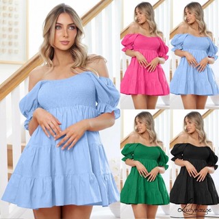Ldd-nữ Mùa Hè Mini Cocktail Đầm Ngắn Tay Phồng Rời Vai Tầng Ruffle Váy