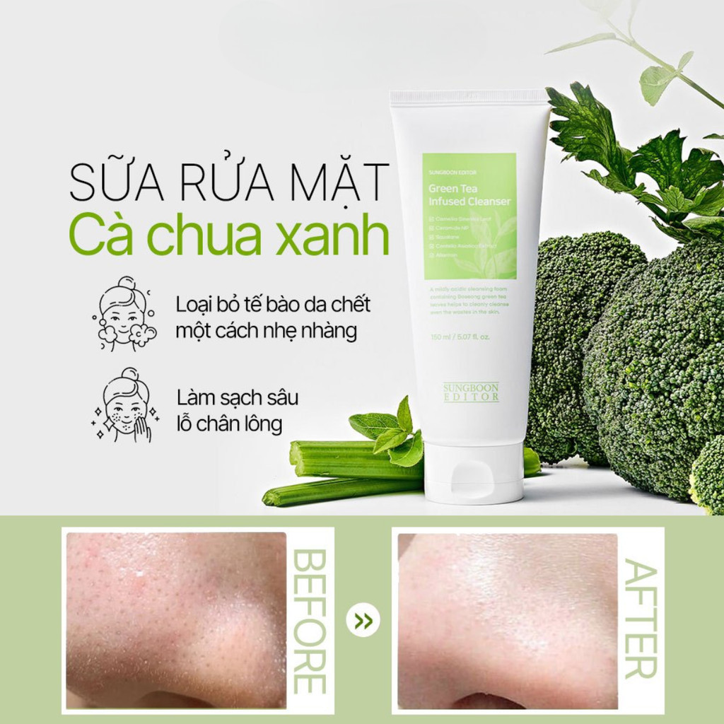 Sữa Rửa Mặt Trà Xanh Sungboon Green Tea Infused Cleanser Cấp Ẩm, Làm Sạch Da Dịu Nhẹ Hàn Quốc 150ml