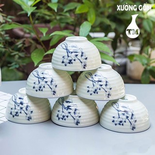 Bộ 10 bát chén ăn cơm men kem sen chàm vẽ tay bát tràng đương đại
