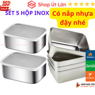 Combo 5 khay đựng thực phẩm inox 304 có nắp đậy, hộp đựng thực phẩm bằng inox để tủ lạnh