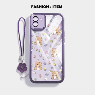 Ốp lưng Samsung Galaxy A02S M02S A03 Core Flower Bear Vỏ bảo vệ điện thoại trong suốt chống sốc có dây treo hoa