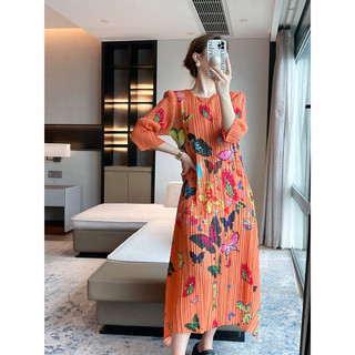 Miyake Xếp Ly Mùa Thu 2024 Phong Cách Mới In Hình Pháp Ôm Đầm Nhẹ Sang Trọng Thanh Lịch Phong Cách Người Nổi Tiếng Váy Dài