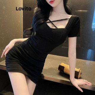 Đầm Lovito thiết kế chéo màu trơn phong cách thường ngày cho nữ LNA48151