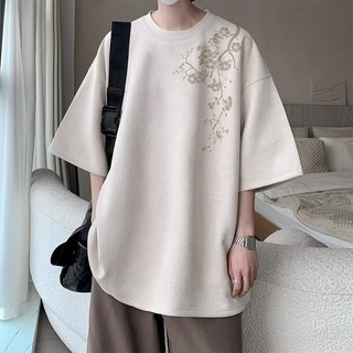 2024 Áo thun ngắn tay da lộn phong cách Trung Quốc Áo thun ngắn tay dáng rộng mùa hè
