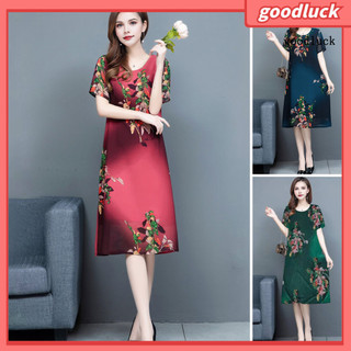 [Goodluck] Váy mùa hè dành cho nữ trung niên in hoa cổ tròn tay ngắn dài đến đầu gối hai lớp cộng với kích thước dáng rộng dành cho nữ Váy Midi hẹn hò