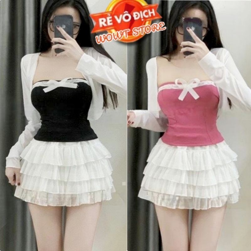 Sét 3 món Áo ống phối ren 2 lớp có mút ngực + chân váy voan và áo khoác giấy yumi