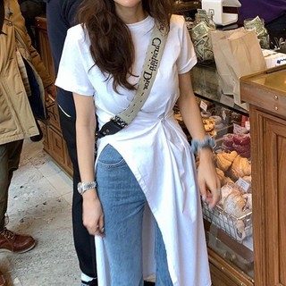 IMAODOU Áo thun dài váy mùa hè eo rộng giấu thịt váy xẻ không đều