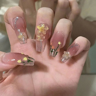 Handmade Mặc Móng Tay Đầu Móng Tay Đầu Móng Tay Móng Tay Miếng Dán Móng Tay Vẽ Hoa Tulip Nhỏ Hoa Vàng Dễ Thương Nhẹ nhàng