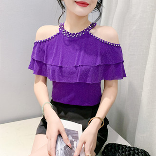 MIOU Thiết Kế Gợi Cảm Cutout Off Vai Lưới Áo Sơ Mi Thời Trang Và Cao Cấp Màu Tím Khiêu Vũ Top Mùa Hè Tay Ngắn Đẹp Áo Thun Nữ 2024 Phiên Bản Mới
