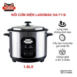 Nồi cơm điện nắp rời Ladomax HA-7118 dung tích 1.8Lít thân nồi inox lòng nhôm phủ men bảo hành chính hãng 12 tháng