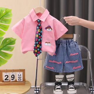  Bộ Quần Áo Bé Trai Mùa Hè 2025 Trẻ Em Áo Sơ Mi Cotton Thắt Lưng Quần Ngắn 2 Bộ Đồ Thời Trang Cho Bé Quần Short Tracksuits Trẻ Em Trang Phục 