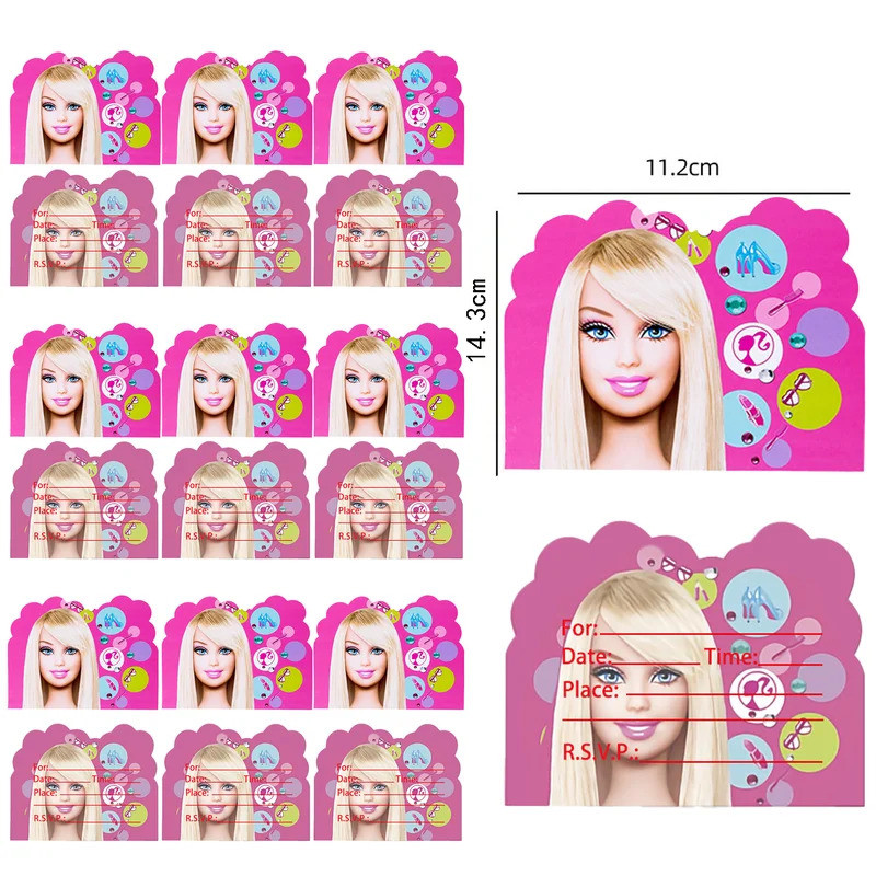 10-30 Cái / gói Thiệp Mời Barbie Đồ Dùng Tiệc Sinh Nhật Cô Gái Màu Hồng Dùng Một Lần Thiệp Lời Mời T