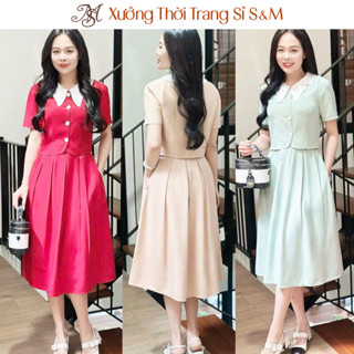 Set bộ áo phối cổ trắng nút rời, chân váy xếp ly có dây kéo hông, có túi - GR0330 (Hình thật shop chụp)