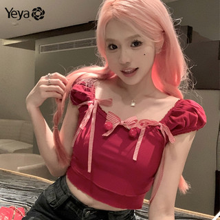 Yeya Áo thun nữ cổ bên nơ tay phồng ngắn mới ngọt ngào mỏng áo thun ngắn