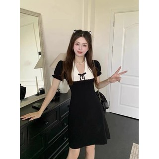 Balamy Pháp polo Đầm Nữ Mùa Hè Phong Cách Mới Hẹp Eo Mỏng Hơn Nhìn Nơ Đan Váy Ngắn Tay