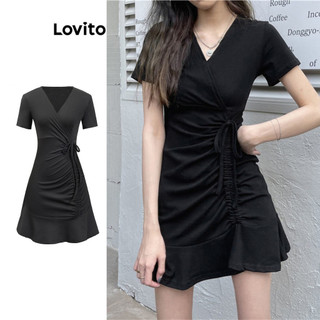 Đầm Lovito có dây rút xếp nếp màu trơn phong cách thường ngày cho nữ L83ED196