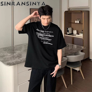 Sinransinya Áo thun nam mới kiểu Mỹ retro đường phố haute couture thư tối giản thiết kế mờ dáng rộng phù hợp với cặp đôi thanh niên thời trang cổ tròn nửa tay