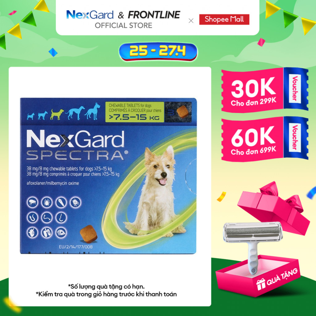 NexGard SPECTRA-Viên nhai phòng&amp;trị nội, ngoại ký sinh(ve,rận, bọ chét, ghẻ Demodex,Sarcoptes,giun) SIZE M