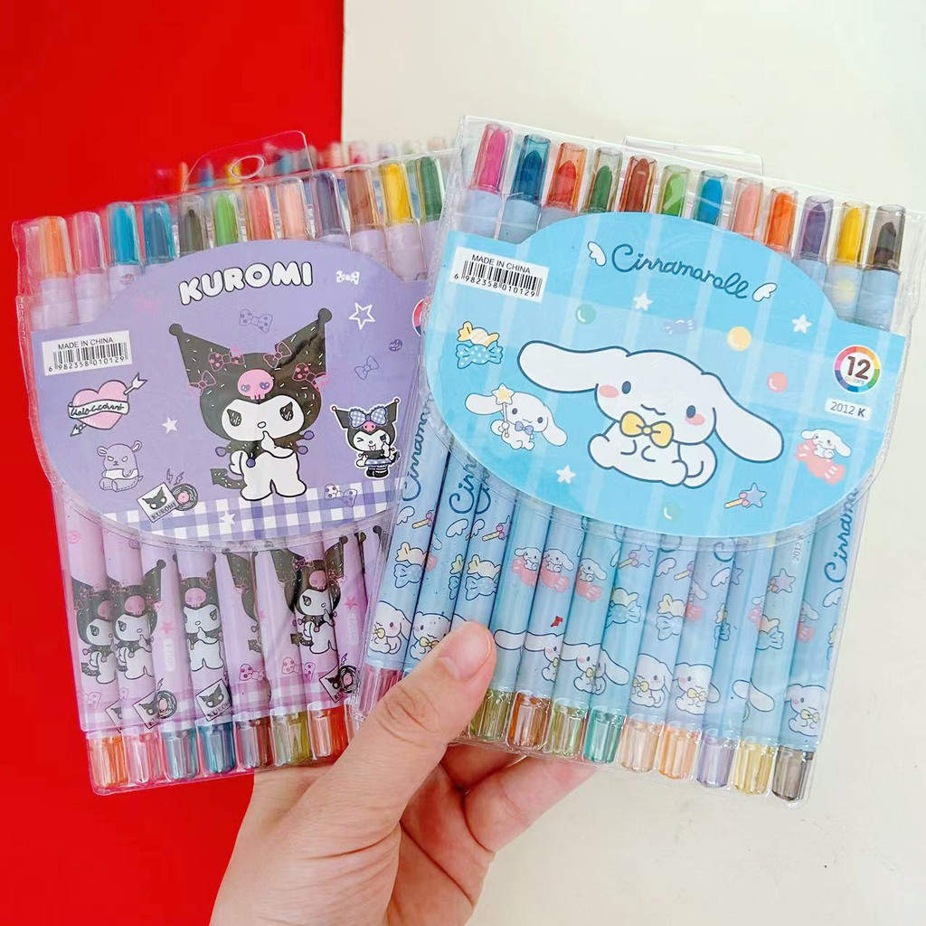 Sanrio Crayon 12 Màu Crayon Dễ Thương Kuromi Tặng Tranh Bút Xoay Crayon Dầu Pastel Dài Crayon