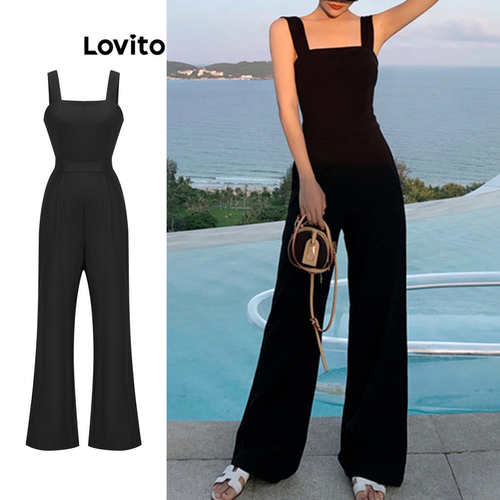 Áo liền quần Lovito xếp ly màu trơn phong cách thanh lịch cho nữ L86ED232