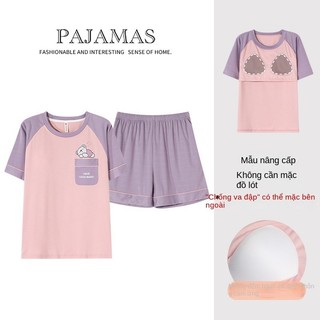 Bộ đồ ngủ Cotton có miếng đệm ngực cho nữ, quần short ngắn tay mùa hè phong cách Hàn Quốc Bộ đồ mặc nhà rộng rãi