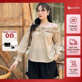  - Áo Kiểu Nữ Trễ Vai Bèo Chất Liệu Tơ Dập Ly Thắt Dây Nơ Cổ Tay Dài Nhún Bèo Xếp Ly Swanlake - A11466